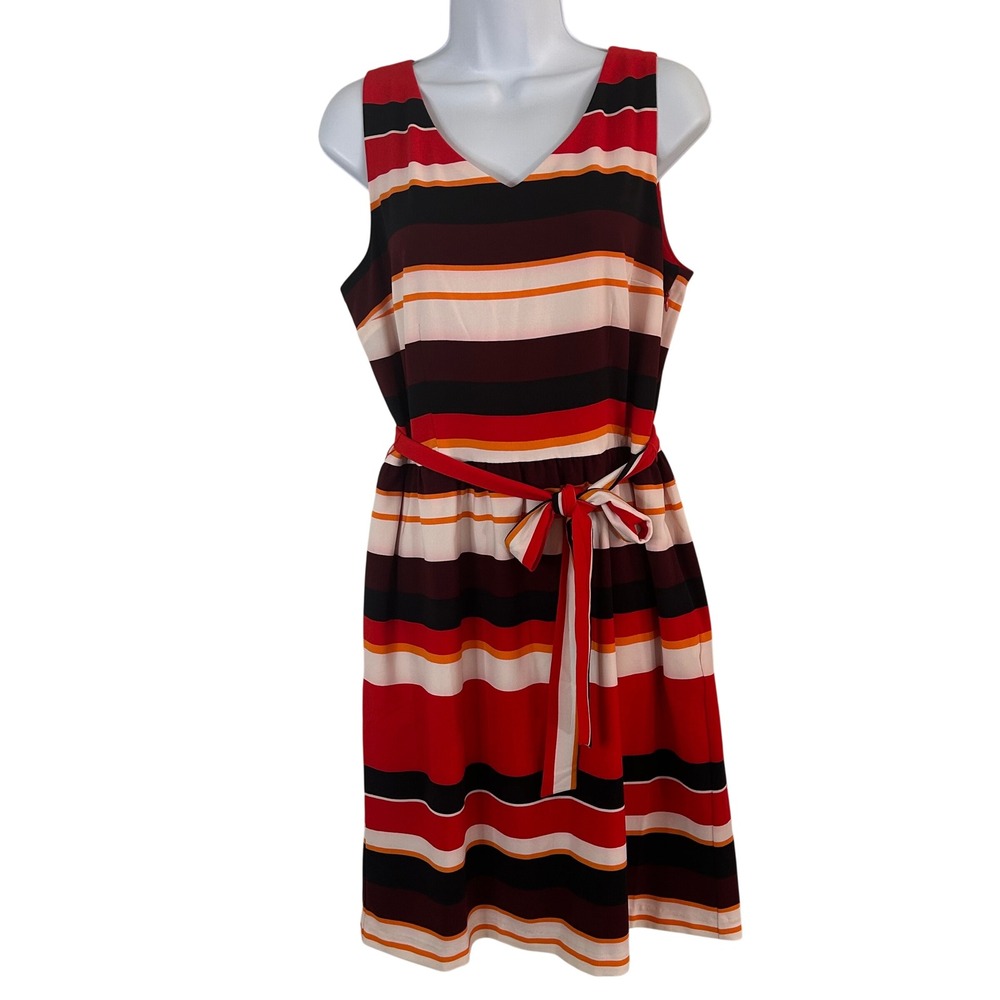 NWOT Lands End Women's 10 Red Striped Sleeveless V-Neck Belted Shift Dress Retro - Picture 1 of 10